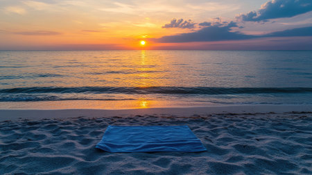 A serene beach scene showcasing a soft towel resting on sandy shores as the sun sets over calm waters, creating a peaceful and tranquil atmosphere for relaxation.の素材