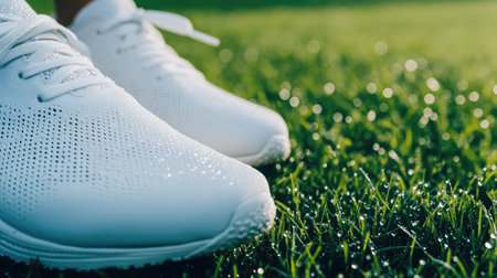 Close-up image showcasing stylish white sports shoes placed on vibrant green grass with sparkling dew, capturing the essence of outdoor fitness and refreshing nature.の素材