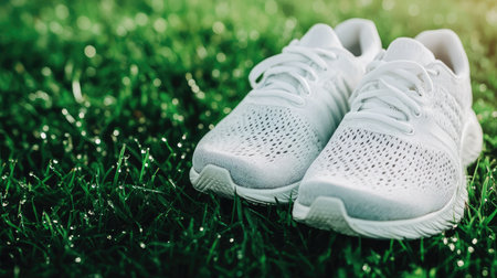 A pair of fresh white athletic shoes rests on vibrant grass adorned with morning dew, symbolizing an active lifestyle and a connection to nature's beauty.の素材