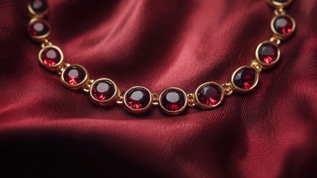 A stunning gold necklace featuring vibrant ruby stones, elegantly draped over rich satin fabric, showcasing luxurious beauty and exquisite craftsmanship for fashion lovers.の素材