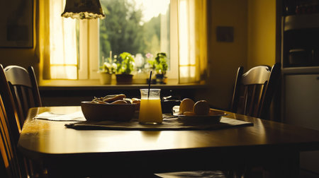 A cozy kitchen scene featuring a wooden dining table adorned with fresh fruits, a glass of juice, and sunlit windows, creating a warm and inviting atmosphere for mealtime.の素材