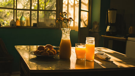 A cozy kitchen scene bathed in warm sunlight, featuring fresh orange juice and ripe fruit on a rustic table, evoking a relaxed and inviting morning ambiance.の素材