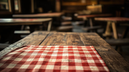 A rustic wooden table adorned with a red and white checkered tablecloth, set in a dimly lit restaurant that evokes a warm and inviting dining atmosphere.の素材