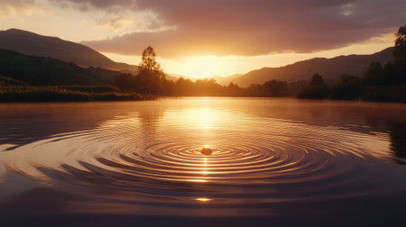 A stunning sunset casts a warm glow over tranquil water, creating beautiful ripples while mountains loom in the background, perfect for evoking feelings of peace and serenity.の素材