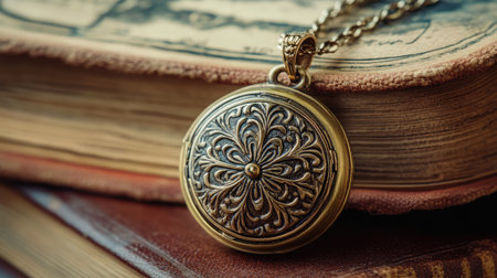 This stunning antique locket features an intricate floral design, elegantly resting atop vintage books, evoking a sense of history and timeless beauty. Perfect for nostalgic themes.の素材