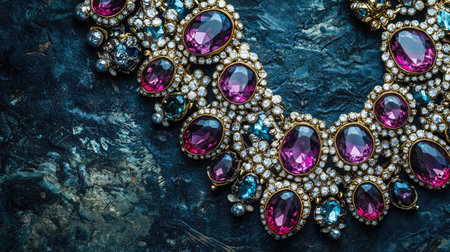 A breathtaking close-up of a luxurious necklace featuring pink gemstones and sparkling diamonds, set against a dark textured surface for an elegant appearance.の素材