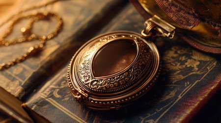 This captivating image features an ornate vintage locket resting on an antique book, illuminated by warm lighting, creating a nostalgic atmosphere filled with sentiment and cherished memories.の素材