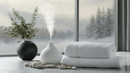 Experience tranquility with this calming spa scene featuring an aroma diffuser, soft towels, smooth stones, and lush greenery, all set against a serene window view of nature.の素材