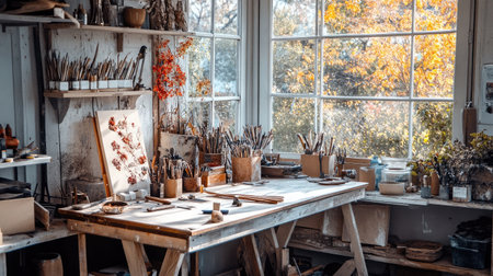 A serene art studio bathed in natural light, featuring various artistic tools and a vibrant autumn view through the window, perfect for creative inspiration.の素材