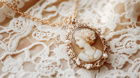This image features a beautiful cameo pendant necklace resting on intricate lace, showcasing the elegance and artistry of vintage jewelry design and craftsmanship.の素材