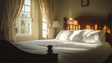 A serene bedroom filled with natural light creates a cozy atmosphere, showcasing soft bedding and elegant wooden furniture for a peaceful retreat.の素材
