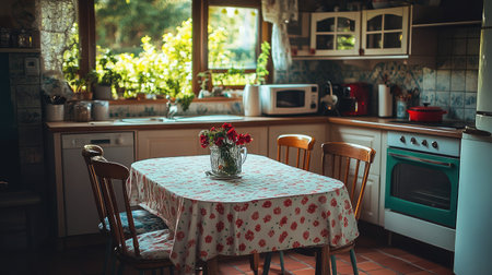 A cozy kitchen scene featuring a wooden table adorned with a floral tablecloth, bathed in warm sunlight, with vibrant greenery visible through the windows, creating a welcoming atmosphere.の素材