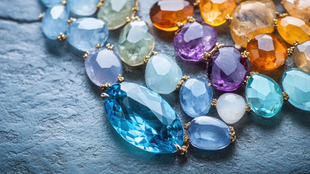 An exquisite assortment of vibrant gemstones arranged on a dark slate background, ideal for jewelry enthusiasts and designers looking for inspiration and unique crafting ideas.の素材