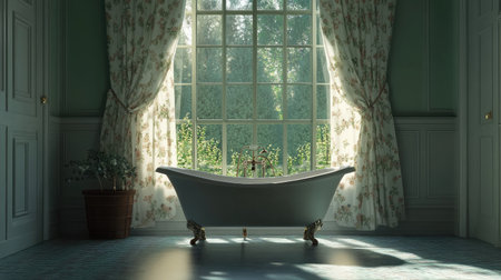 A tranquil bathroom scene featuring a vintage bathtub bathed in natural light, with beautiful curtains framing a lush garden view, creating a serene atmosphere.の素材