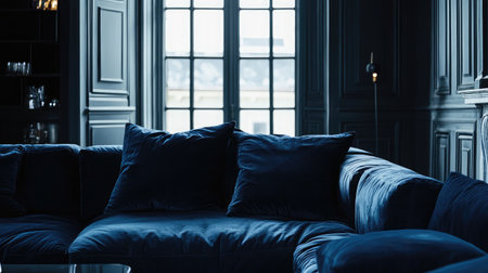 A sophisticated dark blue velvet couch with plush pillows in a stylish modern interior, featuring large windows and warm lighting for a cozy atmosphere.の素材