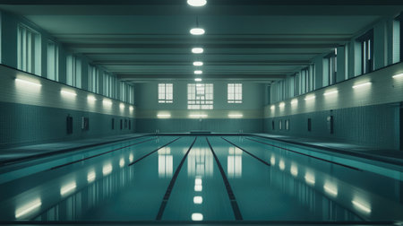 A tranquil indoor swimming pool showcases glistening water and minimalist architectural design, creating an inviting space for leisure and fitness activities.の素材