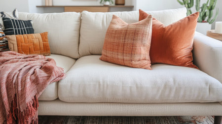 A stylish and inviting living room setup showcasing a neutral couch adorned with soft pillows and a cozy blanket, creating a warm and serene atmosphere.の素材