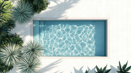 This stunning aerial view showcases a modern swimming pool surrounded by vibrant greenery in a serene outdoor space, perfect for relaxation and leisure activities.の素材