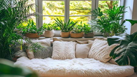 A cozy living room scene showcasing a plush sofa adorned with soft cushions, surrounded by vibrant green plants, inviting a feeling of tranquility and comfort in a stylish setting.の素材