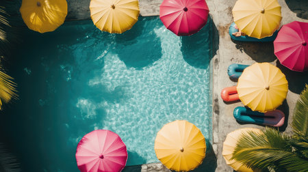 A vibrant poolside view featuring bright umbrellas and colorful floats, evoking feelings of summer fun and relaxation in a tropical paradise setting.の素材