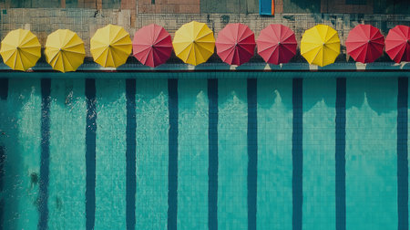 Aerial view of a serene swimming pool featuring vibrant umbrellas in red and yellow lining the edge, symbolizing summer leisure, fun, and relaxation.の素材