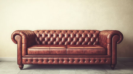 A luxurious brown leather Chesterfield sofa placed in a minimalist setting, adding warmth and elegance to any living space while inviting comfort and relaxation.の素材