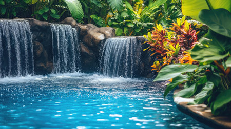 Explore a tranquil tropical oasis featuring a beautiful waterfall cascading into a crystal-clear pool, surrounded by lush greenery and vibrant flora, perfect for relaxation.の素材