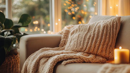This image captures a cozy living room scene featuring a soft knitted blanket, decorative pillow, and a warm candle, creating a serene and inviting atmosphere.の素材