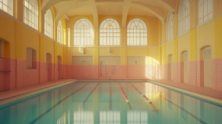 A serene indoor swimming pool with warm yellow walls and elegant arches, illuminated by soft natural light, creating a tranquil atmosphere for relaxation and wellness.の素材