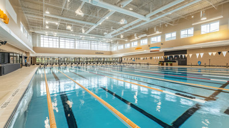 A spacious indoor swimming pool featuring multiple lanes and abundant natural light, perfect for training, leisure, and fitness activities in a modern environment.の素材