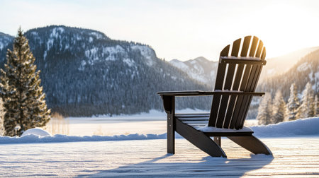 A serene winter scene featuring a black Adirondack chair on a snowy deck, overlooking a breathtaking landscape of mountains and pine trees illuminated by the soft glow of sunrise.の素材