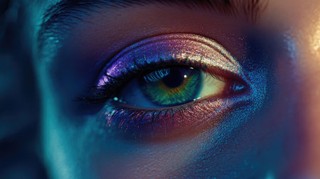A stunning close-up of an eye featuring vibrant makeup and dramatic lighting, highlighting the intricate details in the iris and eyelids, showcasing beauty and artistry.の素材