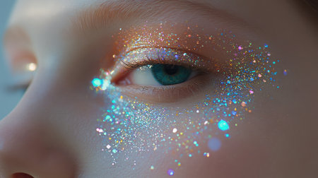 Stunning close-up of a female eye adorned with sparkling glitter makeup, featuring multicolored shimmering particles that create a vibrant and artistic aesthetic.の素材