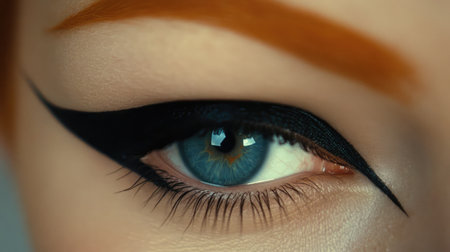 This close-up image captures a striking eye adorned with bold eyeliner and a captivating blue iris, showcasing beauty and artistic makeup detail in perfect clarity.の素材