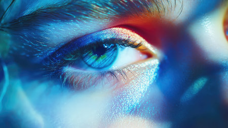A stunning close-up of an eye showcasing vibrant colors and light reflections that creates an artistic, dreamy atmosphere perfect for beauty or creativity themes.の素材