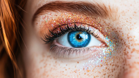This image features a captivating close-up of a mesmerizing blue eye adorned with sparkling glitter makeup, accented by natural freckles, showcasing stunning beauty and creativity.の素材