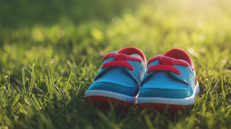 A pair of bright blue and red sneakers rests on lush green grass, bathed in warm evening light, representing outdoor play and joyful moments in nature.の素材