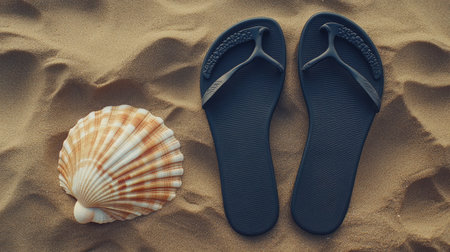 Bright and inviting image of casual beach sandals paired with a seashell on soft sand, embodying the essence of summertime fun and relaxation by the shore.の素材