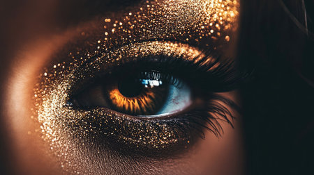 This captivating close-up showcases an eye adorned with glittery makeup, emphasizing the stunning blend of blue and brown. The shimmer highlights the beauty of artistry in cosmetics.の素材