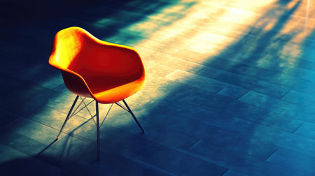 A striking orange chair stands alone in a bright setting, casting shadows on sleek flooring, embodying modern style and minimalism in interior design.の素材