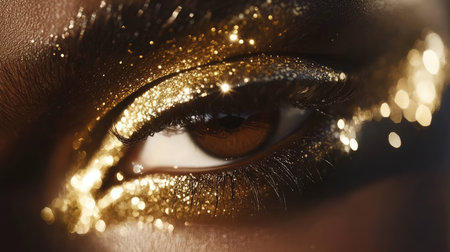 An exquisite close-up image showcasing an eye embellished with gold glitter, emphasizing elegance and creativity in beauty and fashion photography.の素材