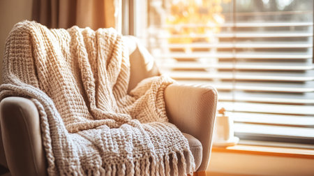 A cozy living room corner featuring a plush armchair draped with a soft throw blanket, generously illuminated by warm sunlight streaming through a window.の素材