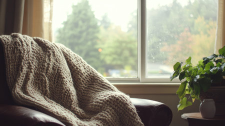 A cozy living room scene featuring a soft knit blanket draped over an armchair, natural light filtering through a window, and a potted plant adding warmth and relaxation.の素材