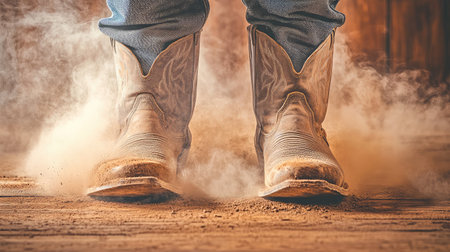 A pair of dusty cowboy boots create a striking visual as they step onto a rustic wooden floor, enveloped in a soft cloud of dust, evoking a nostalgic Western atmosphere.の素材