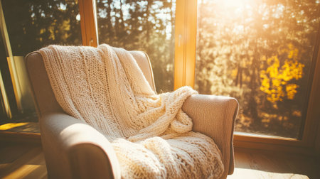 A cozy armchair draped with a soft knitted blanket sits by large windows, inviting warmth and comfort while natural light floods the serene living space.の素材