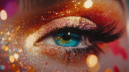 An exquisite close-up showcasing a dazzling eye adorned with vibrant glitter makeup, set against a backdrop of sparkling bokeh highlights, celebrating beauty and artistry.の素材