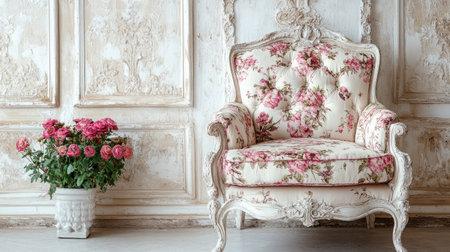 Discover the charm of an elegant vintage floral armchair paired with lush potted roses, creating a beautifully inviting ambiance perfect for any refined interior decor style.の素材