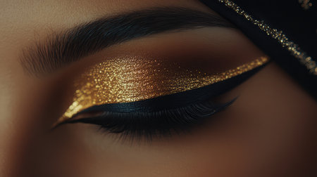 Stunning close-up of glamorous eye makeup showcasing glittery gold shadow and bold black eyeliner. Perfect for beauty inspiration and artistic makeup styles.の素材