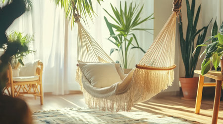 Experience serenity with this cozy indoor hammock surrounded by vibrant plants, perfect for reading or relaxing in a sunlit, tranquil living area.の素材