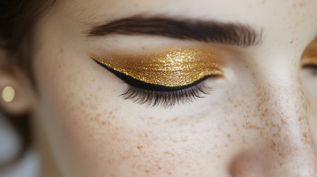 A captivating close-up image focuses on a model's eye adorned with gold glitter makeup and striking winged eyeliner, emphasizing the artistry of modern beauty trends.の素材